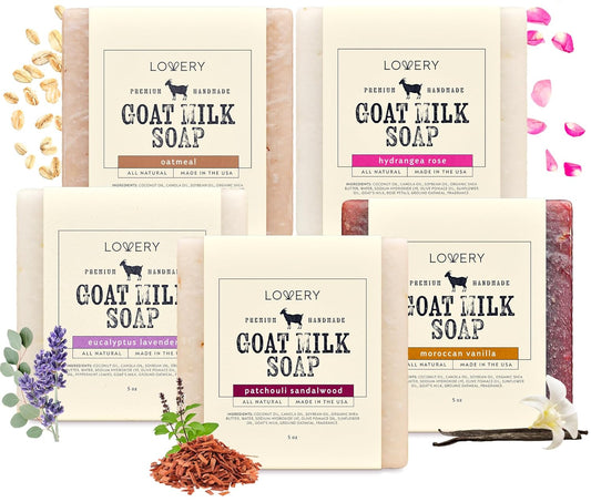 Indulge in Luxury: LOVERY Goat Milk Soap with Organic Shea Butter - 5 Pack of All-Natural Soap Bars in Oatmeal, Eucalyptus Lavender, Moroccan Vanilla, Hydrangea Rose, Patchouli Sandalwood