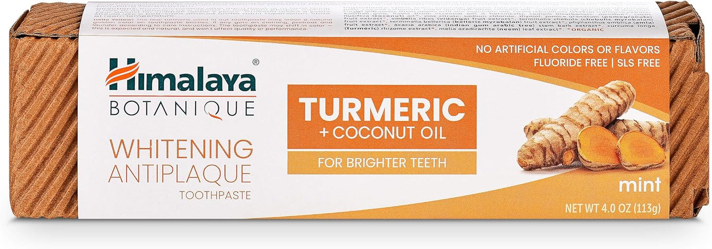 Himalaya Botanique Turmeric & Coconut Oil Whitening Toothpaste - Fluoride Free, Vegan, Antiplaque Formula with Mint Flavor - 4 Oz