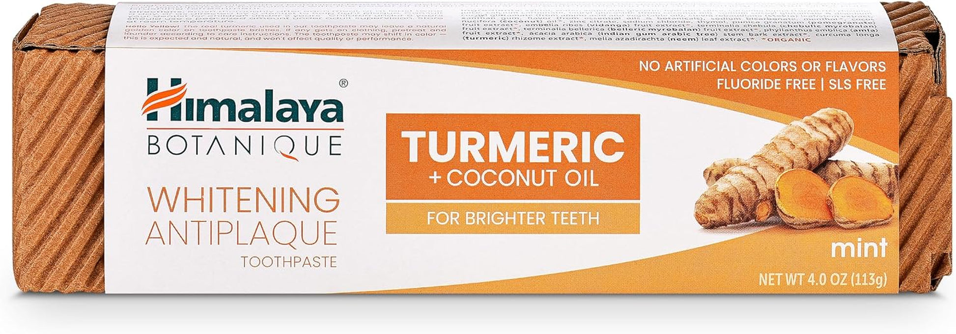 Himalaya Botanique Turmeric & Coconut Oil Whitening Toothpaste - Fluoride Free, Vegan, Antiplaque Formula with Mint Flavor - 4 Oz