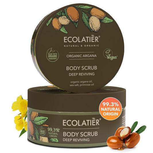 Revitalize Your Skin with ECOLATIER Organic Argan Oil Body Scrub – 99.3% Natural, Vegan Exfoliating Salt Scrub for Smooth, Hydrated Skin - 8.5 Fl Oz