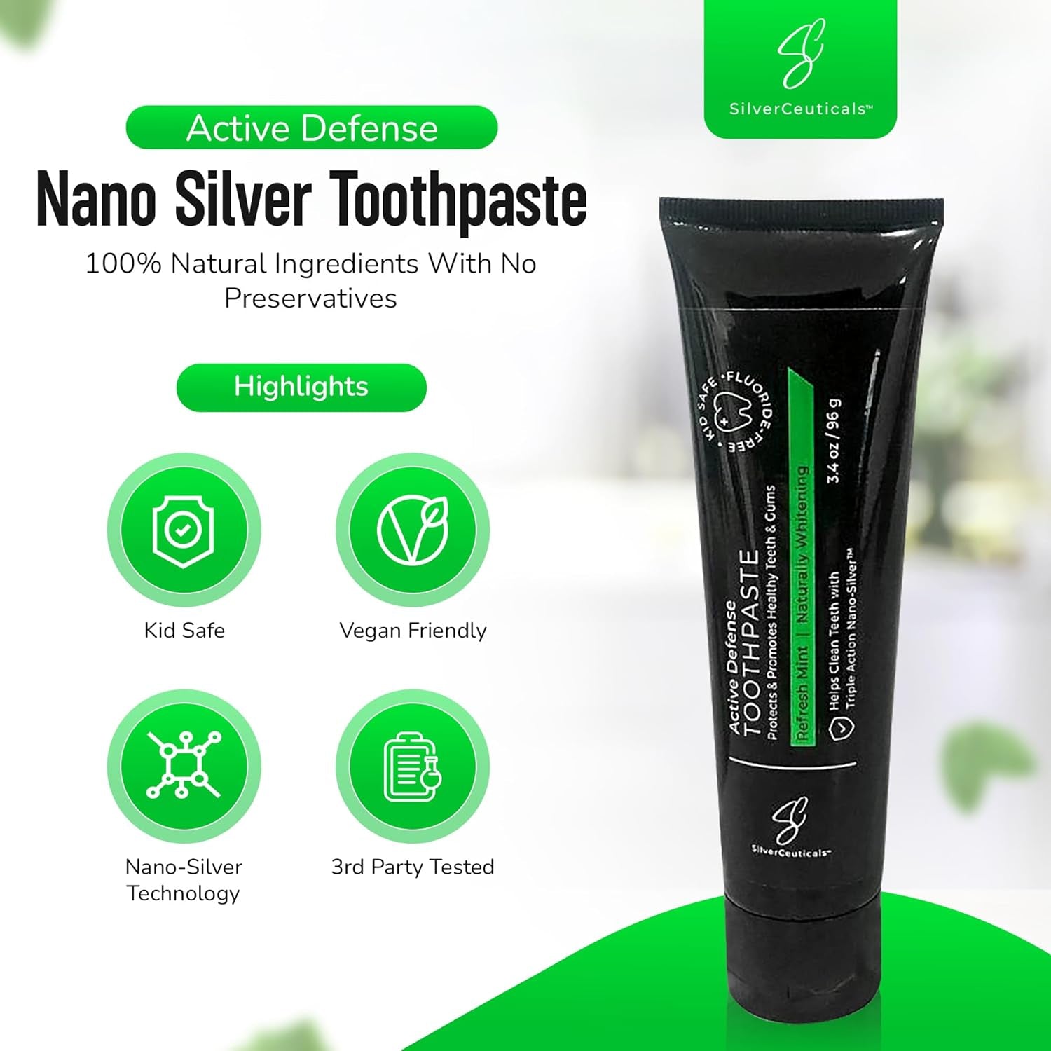 Colloidal Silver Toothpaste with Coral Calcium & Xylitol - Refreshing Mint Flavor - Fluoride & SLS Free - Remineralizes Enamel & Promotes Gum Health - 3.4 Oz