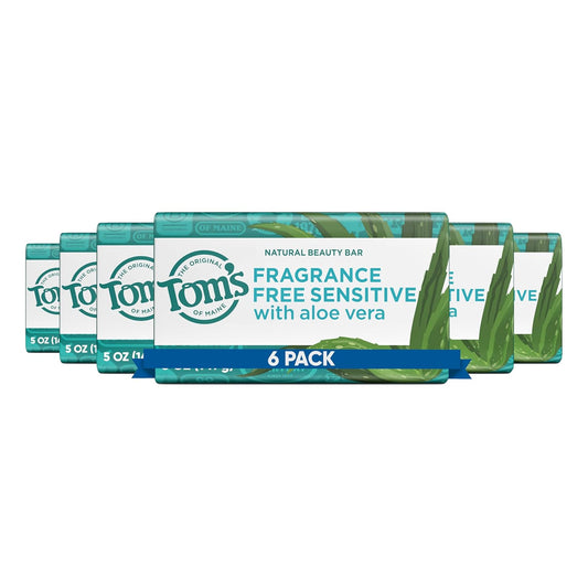 Tom's of Maine Fragrance-Free Natural Beauty Bar Soap for Sensitive Skin - 6 Pack (5 Oz Each)