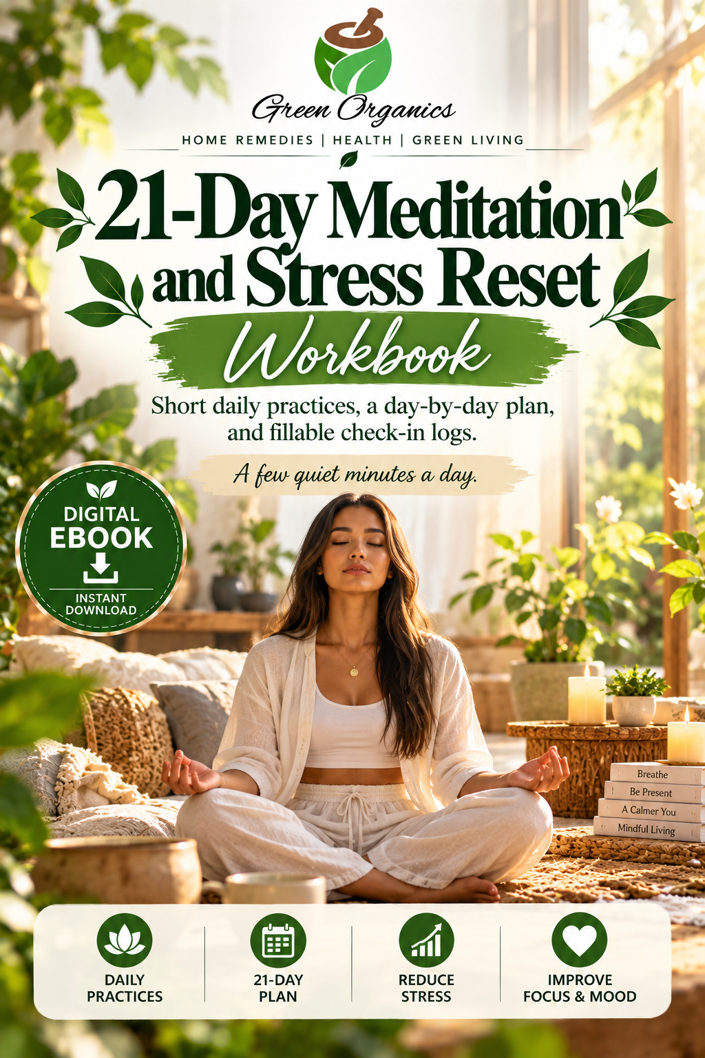 21-Day Meditation & Stress Reset Workbook: Daily Mindfulness, Breathing & Fillable Wellness Planner