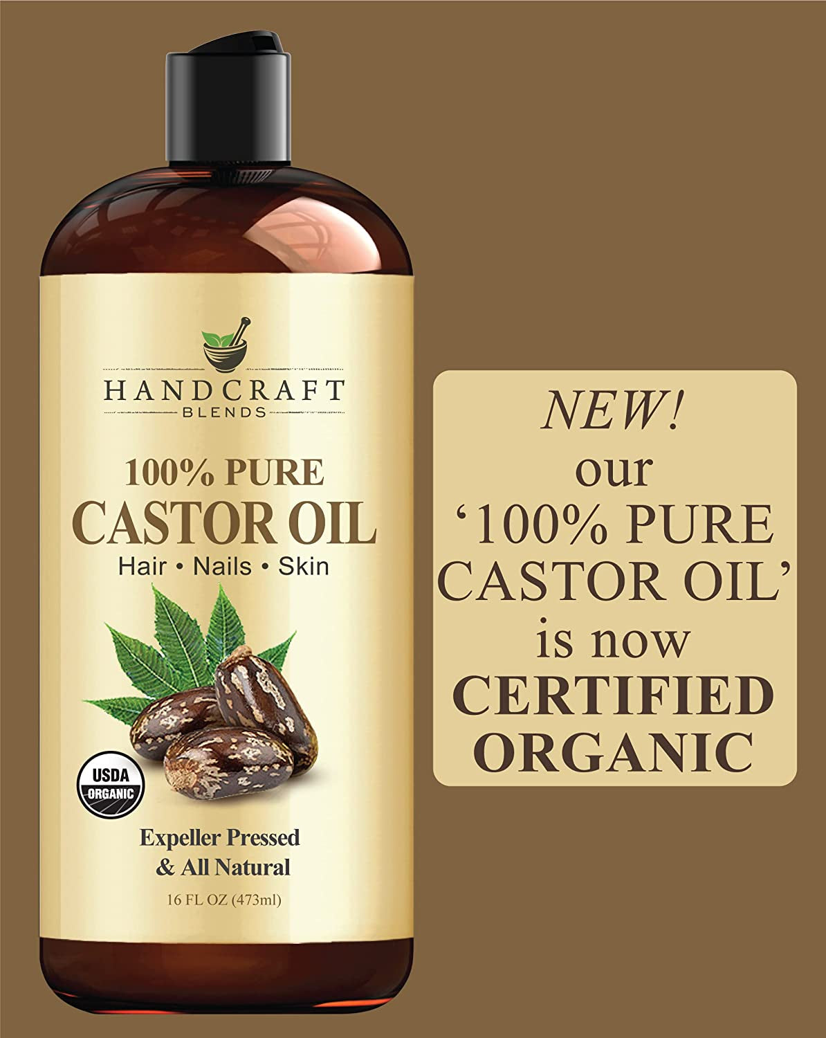 Handcraft Blends Organic Castor Oil - 16 Fl Oz - 100% Pure & Natural - Premium Carrier Oil for Hair Growth, Eyelashes & Eyebrows - Expeller-Pressed & Hexane-Free