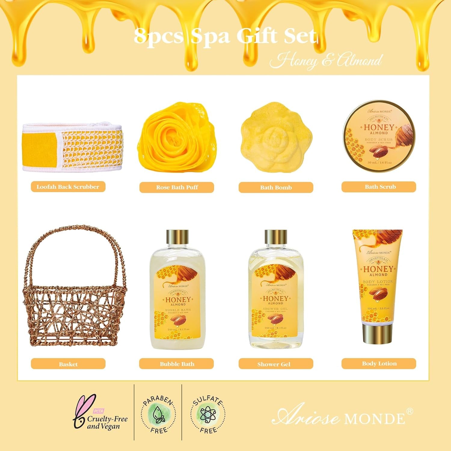 Indulge in Relaxation: 8-Piece Honey Almond Spa Gift Basket for Women - Perfect Birthday, Christmas, or Thank You Gift!