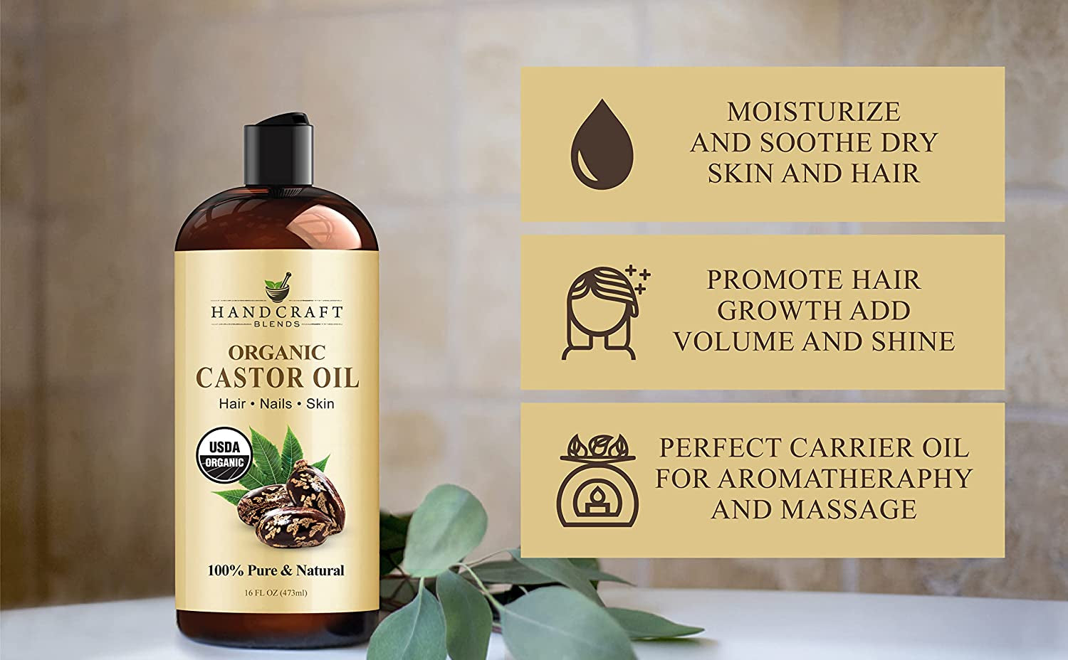 Handcraft Blends Organic Castor Oil - 16 Fl Oz - 100% Pure & Natural - Premium Carrier Oil for Hair Growth, Eyelashes & Eyebrows - Expeller-Pressed & Hexane-Free