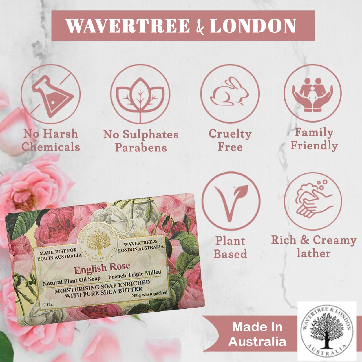 Wavertree & London English Rose Scented Natural Soap - 2 Luxurious 7Oz Triple Milled Bars with Shea Butter for Ultimate Moisturization - Perfect for All Skin Types