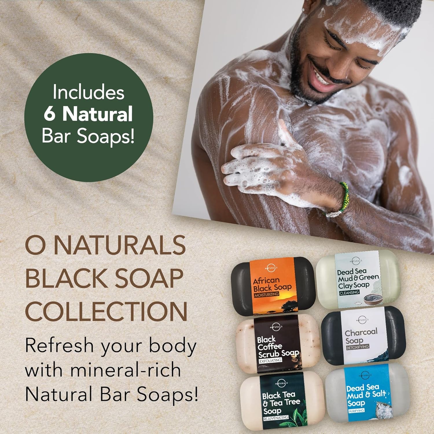 O Naturals 100% Natural Bar Soap Gift Set - Luxurious Organic & Essential Oil Collection for Spa-Like Indulgence - 6PC Black Soap Set for Men & Women