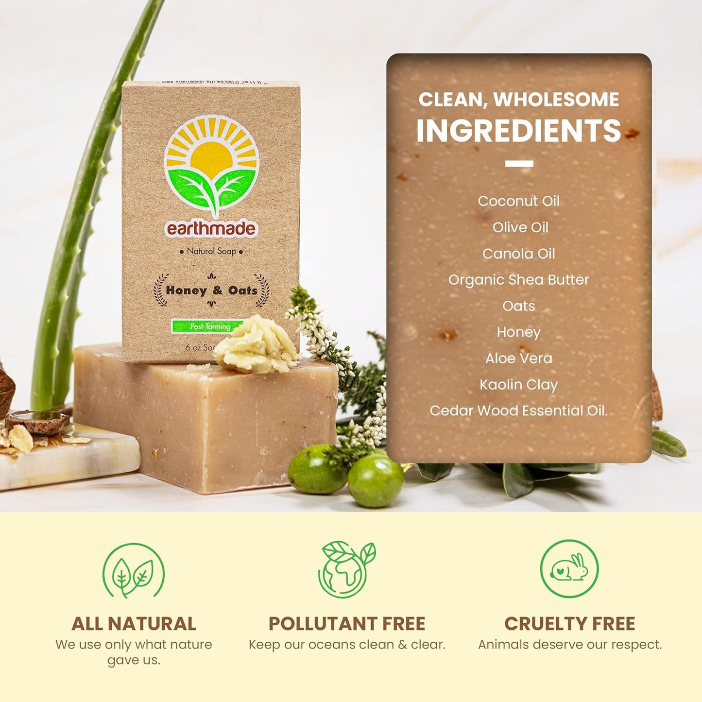 Earthmade Honey & Oats Natural Handmade Bar Soap - Gentle Body & Face Cleanser with Aloe Vera & Canola Oil, Chemical-Free, SLS-Free, Cruelty-Free (6 Oz)