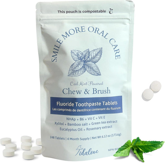 Smile More Toothpaste Tablets - Vegan, Fluoride-Enriched, Enamel Strengthening, Zero Waste, Cool Mint Flavor, 248 Tablets for 4-Month Supply, Travel-Friendly Paper Refill