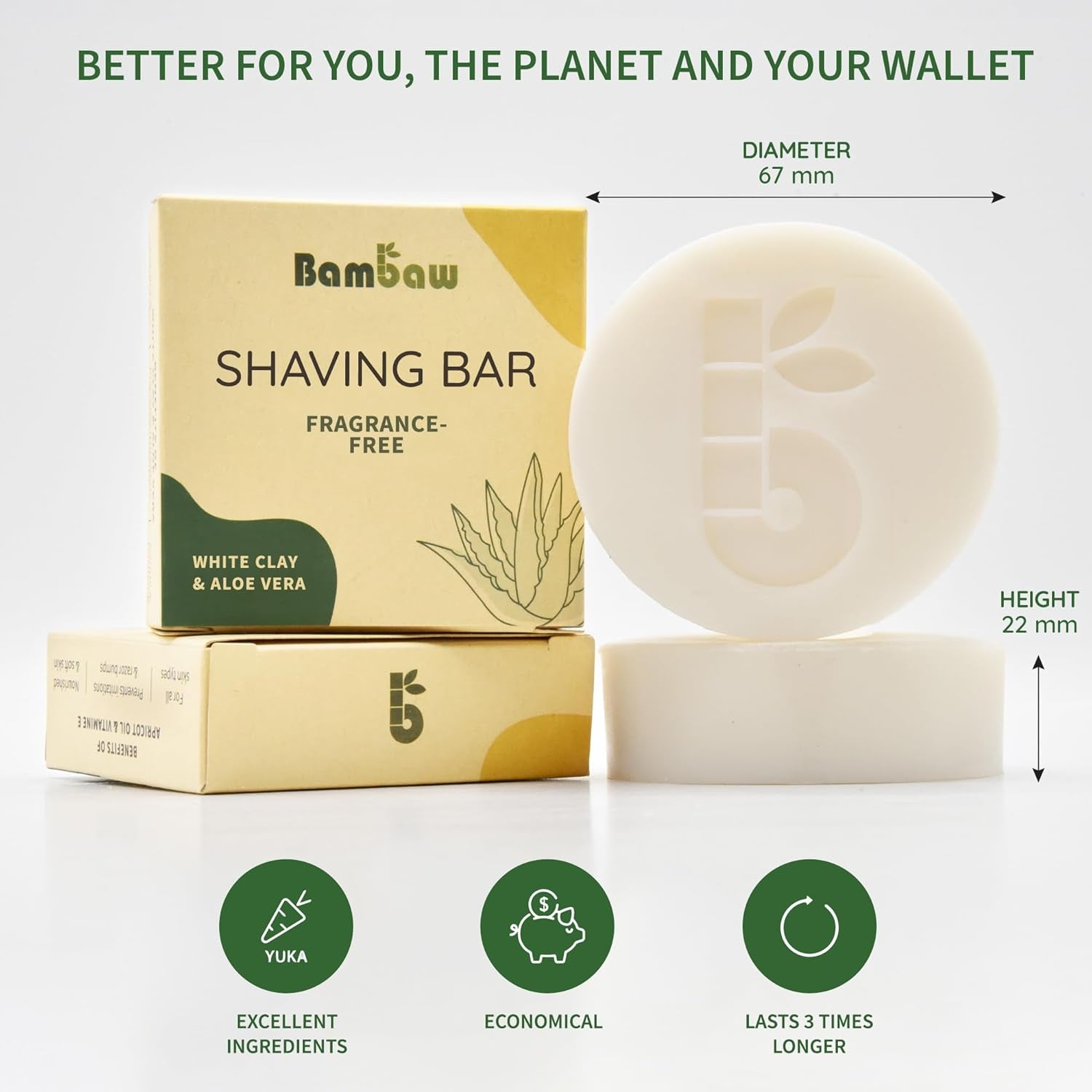 Bambaw Organic Shaving Soap Bar - 2.8 Oz - White Clay & Aloe Vera Formula for Sensitive Skin - Natural, Unscented, Vegan Shaving Soap Puck